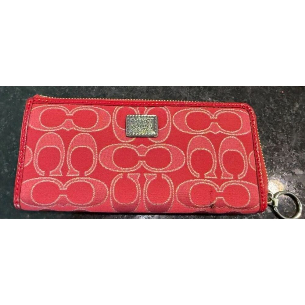 Rare Coach Poppy Metallic Silver & Ruby Signature Zip-Around Wallet NWT flaws